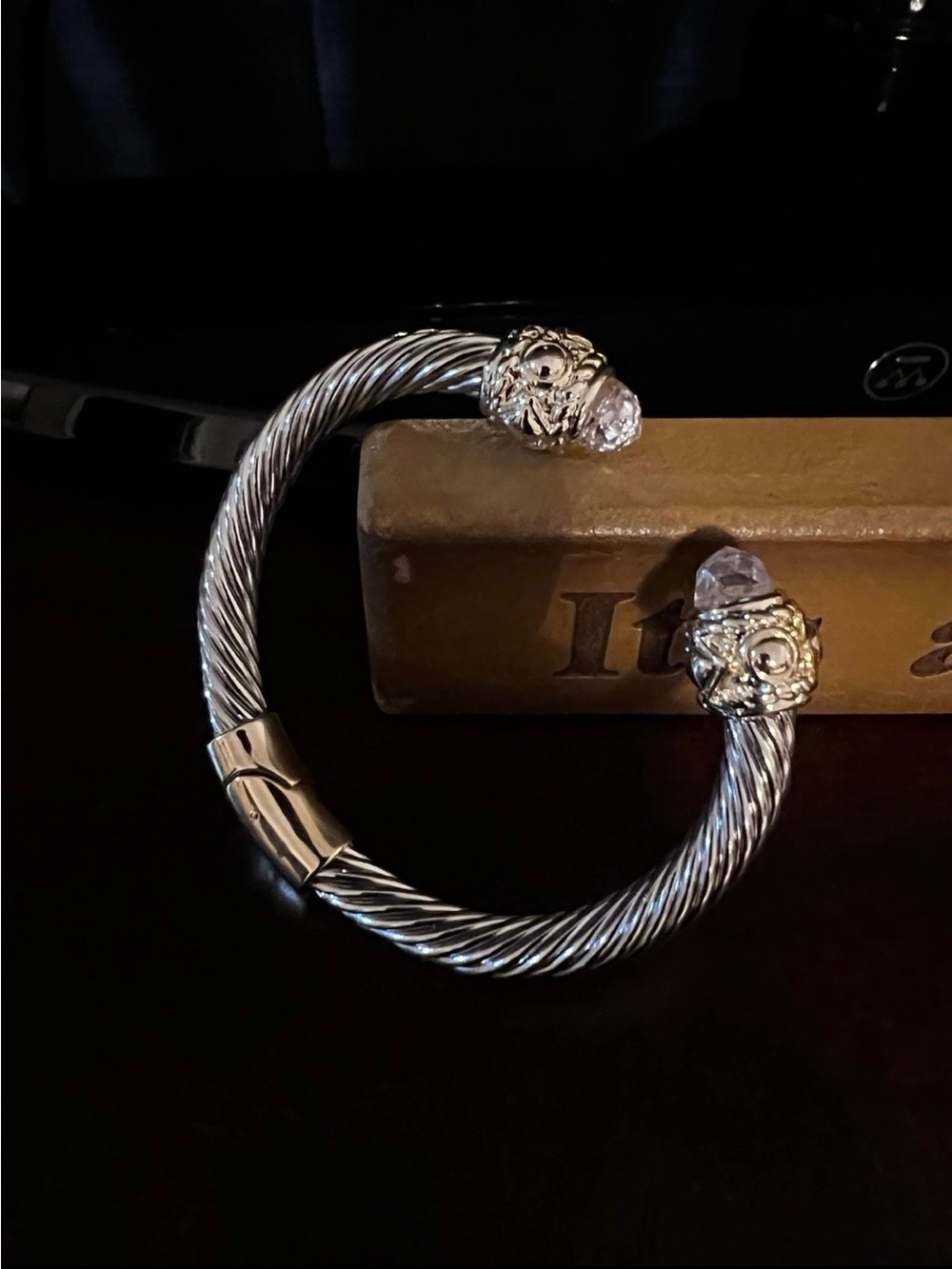 Womens Silver Twisted Cable Cuff Bracelet with Clear gem crystal